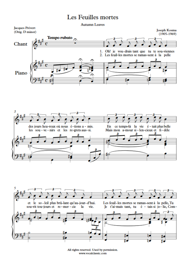 J. Kosma : Les Feuilles mortes (F sharp minor Key) PDF Sheet music