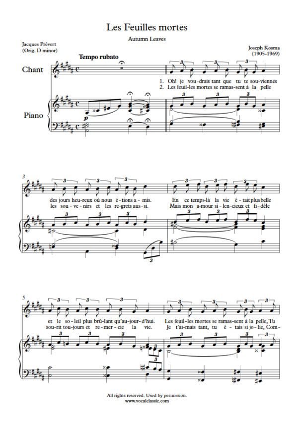 J. Kosma : Les Feuilles mortes (G sharp minor Key) PDF Sheet music