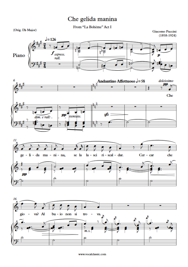 G. Puccini : Che gelida manina – La Bohème (C Key) PDF Sheet music