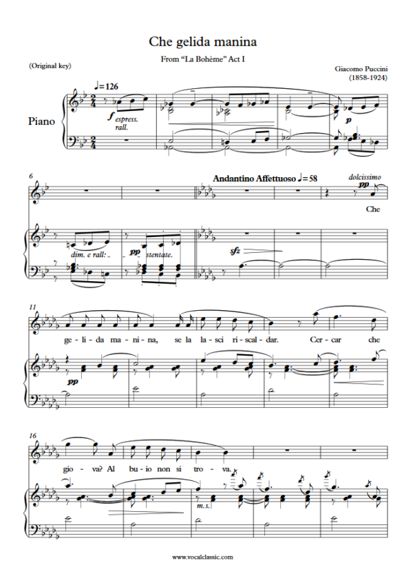 G. Puccini : Che gelida manina – La Bohème (Db Key, Original) PDF Sheet music