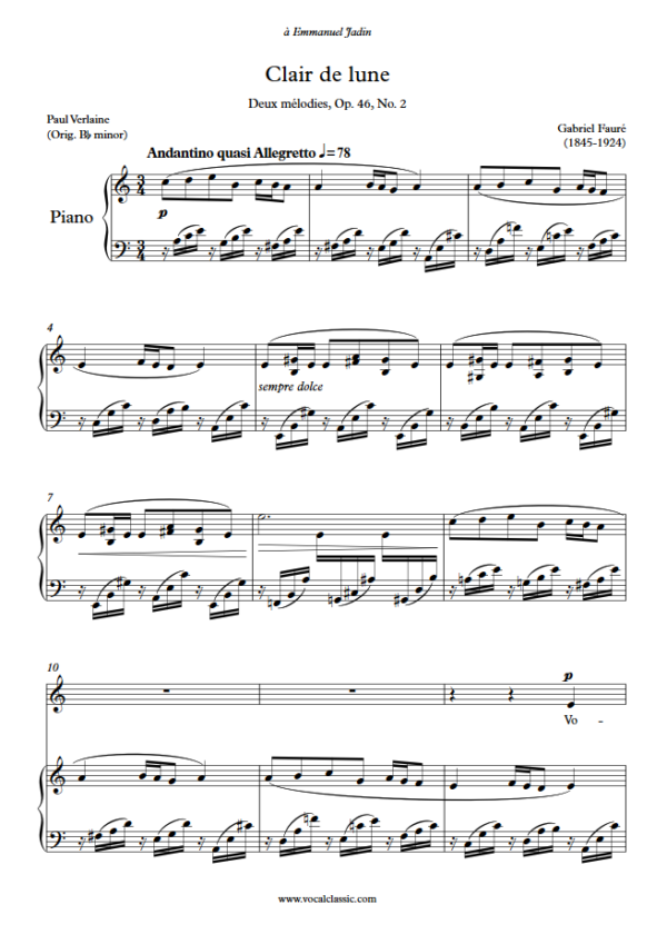 G. Fauré : Clair de lune (A minor Key) PDF Sheet music