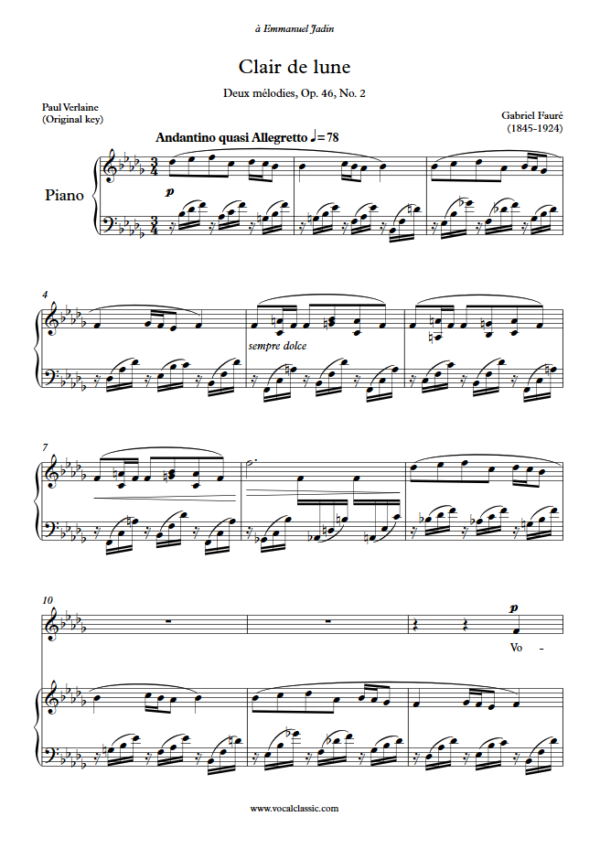 G. Fauré : Clair de lune (Bb minor Key, Original) PDF Sheet music