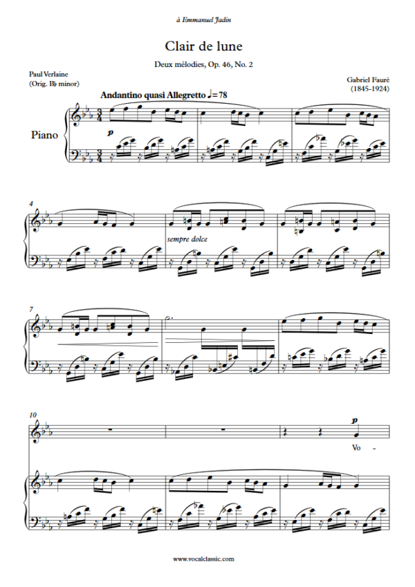 G. Fauré : Clair de lune (C minor Key) PDF Sheet music