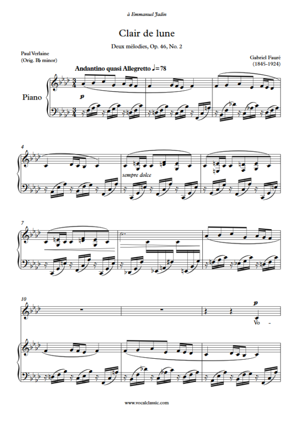 G. Fauré : Clair de lune (F minor Key) PDF Sheet music