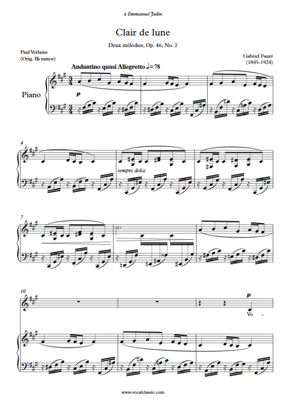 G. Fauré : Clair de lune (F sharp minor Key) PDF Sheet music