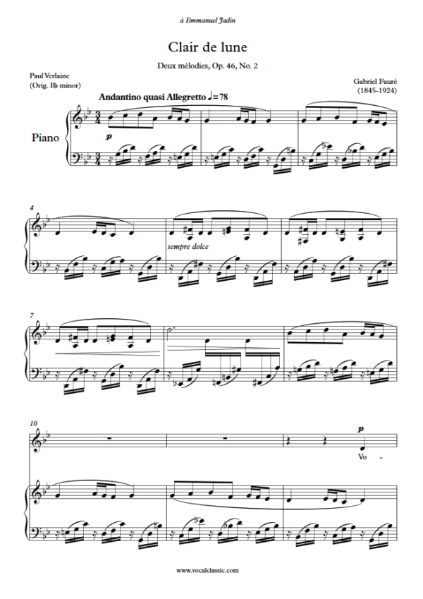 G. Fauré : Clair de lune (G minor Key) PDF Sheet music