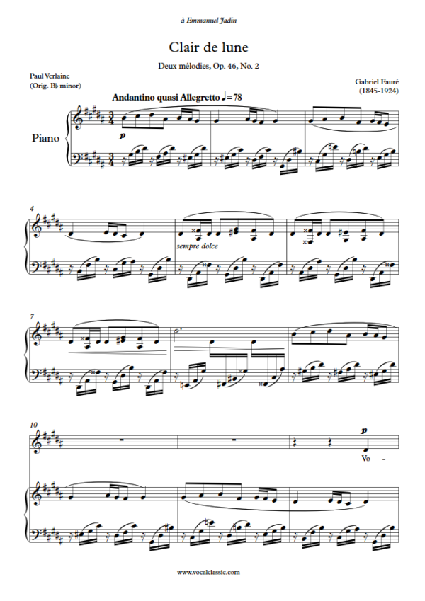 G. Fauré : Clair de lune (G sharp minor Key) PDF Sheet music