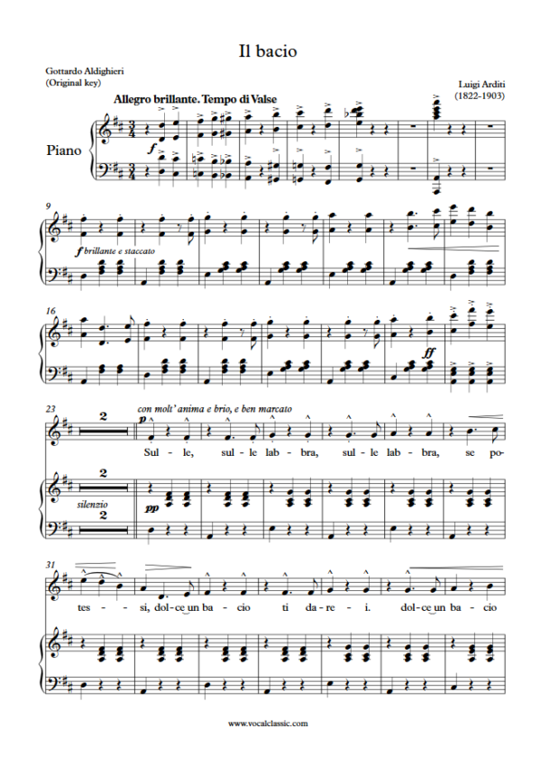 L. Arditi : Il bacio (D Key, Original) PDF Sheet music