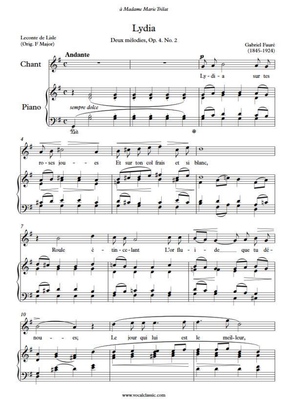 G. Fauré : Lydia (G Key) PDF Sheet music