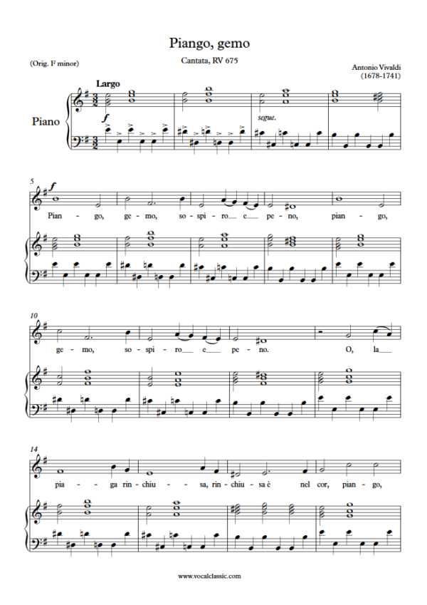 A. Vivaldi : Piango, gemo (E minor Key) PDF Sheet music