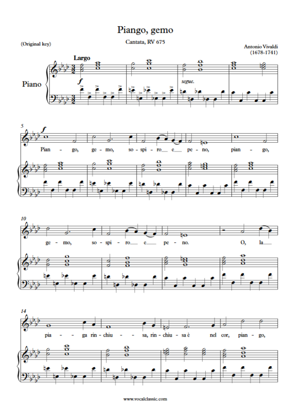 A. Vivaldi : Piango, gemo (F minor Key, Original) PDF Sheet music