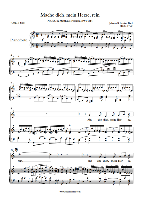 J. S. Bach : Mache dich, mein Herze, rein (C Key) PDF Sheet music