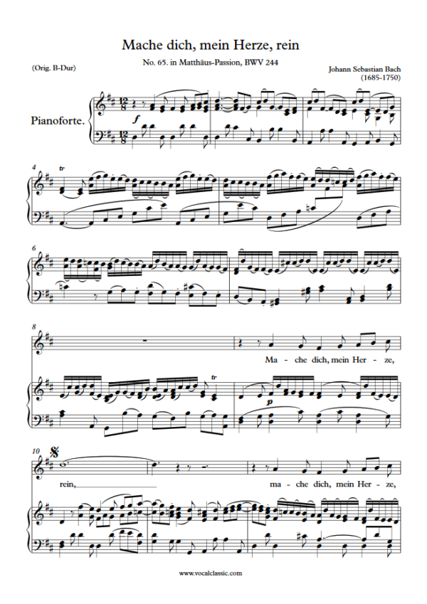 J. S. Bach : Mache dich, mein Herze, rein (D Key) PDF Sheet music