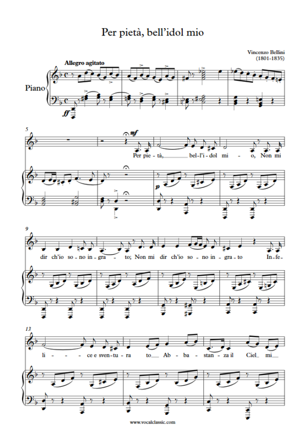 V. Bellini : Per pietà, bell’idol mio (D minor Key, Low) PDF Sheet music