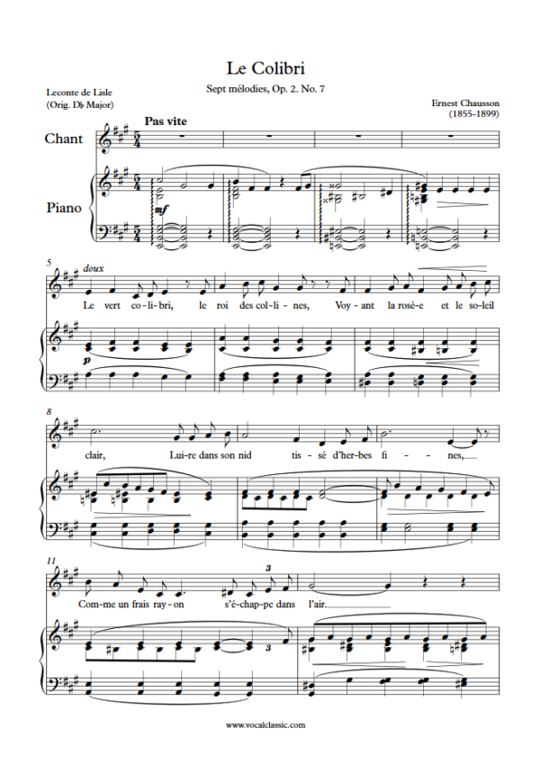 E. Chausson : Le Colibri (A Key) PDF Sheet music