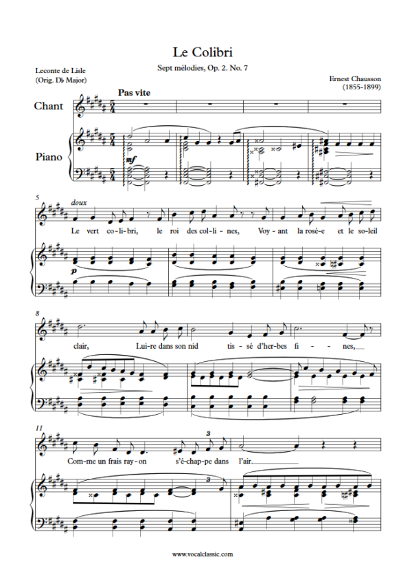 E. Chausson : Le Colibri (B Key) PDF Sheet music