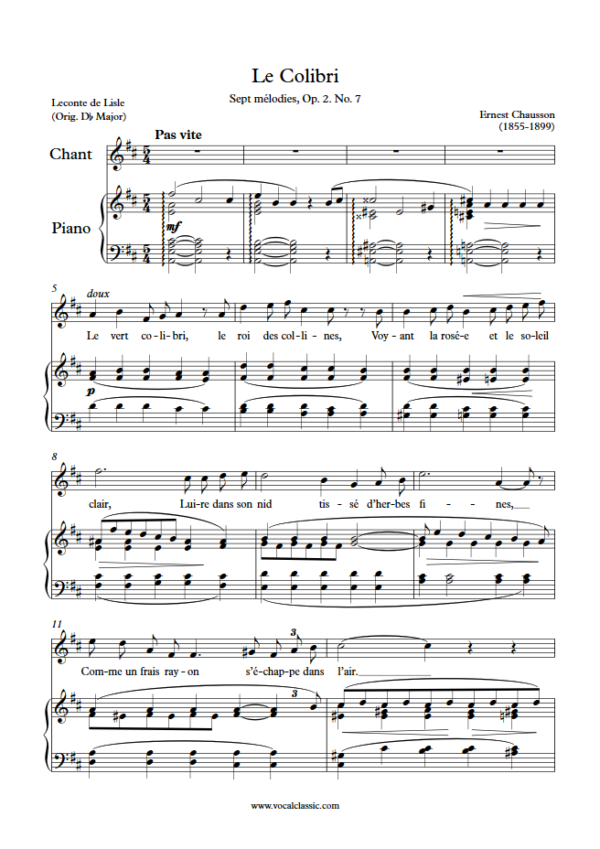 E. Chausson : Le Colibri (D Key) PDF Sheet music