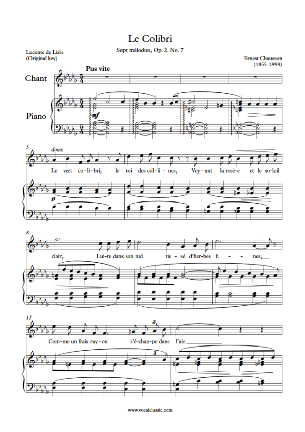 E. Chausson : Le Colibri (Db Key, Original) PDF Sheet music