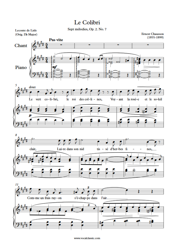 E. Chausson : Le Colibri (E Key) PDF Sheet music