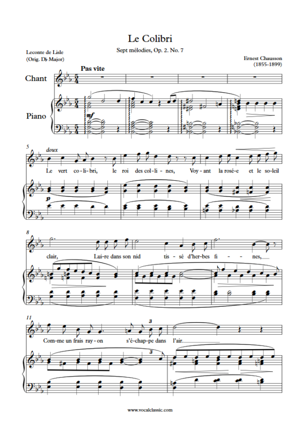 E. Chausson : Le Colibri (Eb Key) PDF Sheet music