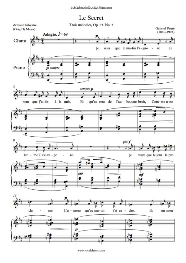 G. Fauré : Le Secret (D Key) PDF Sheet music