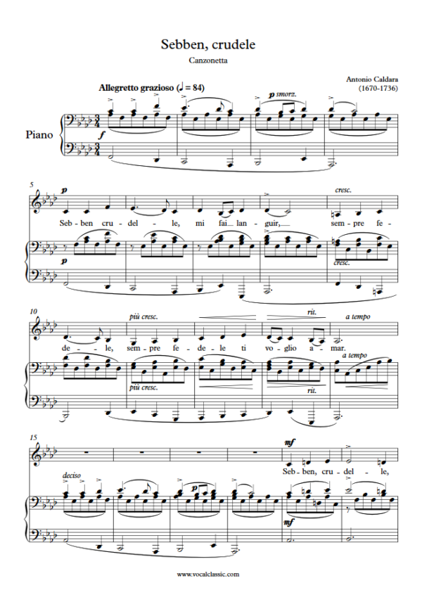 A. Caldara : Sebben, crudele (F minor Key, Low) PDF Sheet music