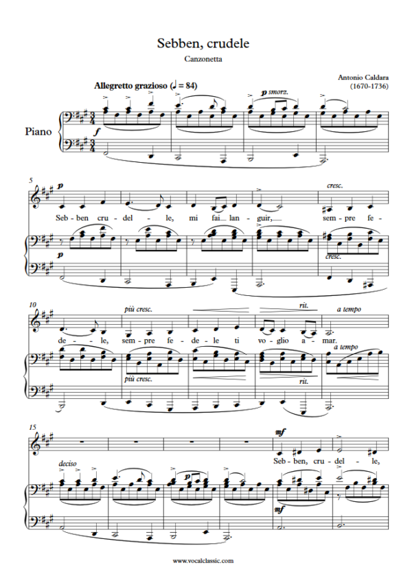 A. Caldara : Sebben, crudele (F sharp minor Key, Low) PDF Sheet music