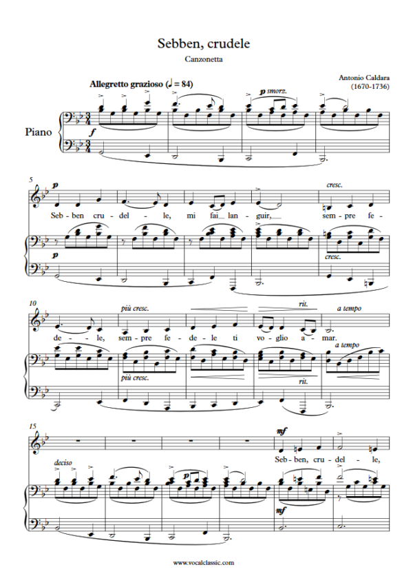 A. Caldara : Sebben, crudele (G minor Key, Low) PDF Sheet music