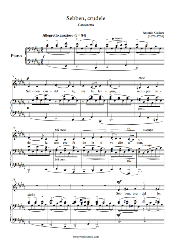 A. Caldara : Sebben, crudele (G sharp minor Key, Low) PDF Sheet music