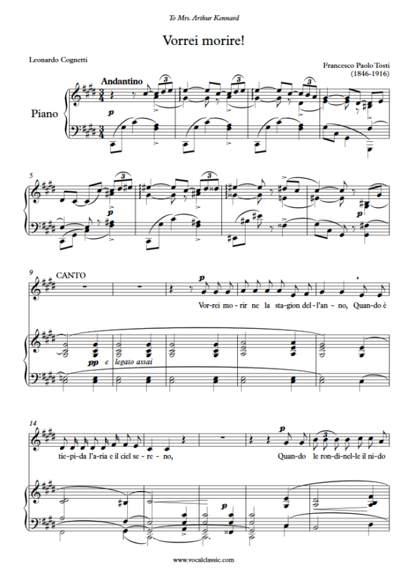 F. P. Tosti : Vorrei morire (C sharp minor Key) PDF Sheet music